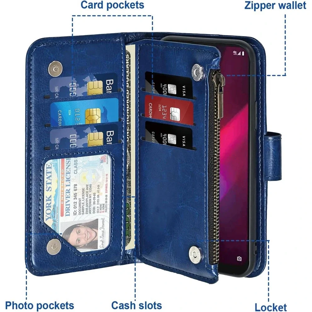 T Mobile Revvl 4‎ Wallet Case Leather Blue Zipper Card Holder Lanyard Strap
